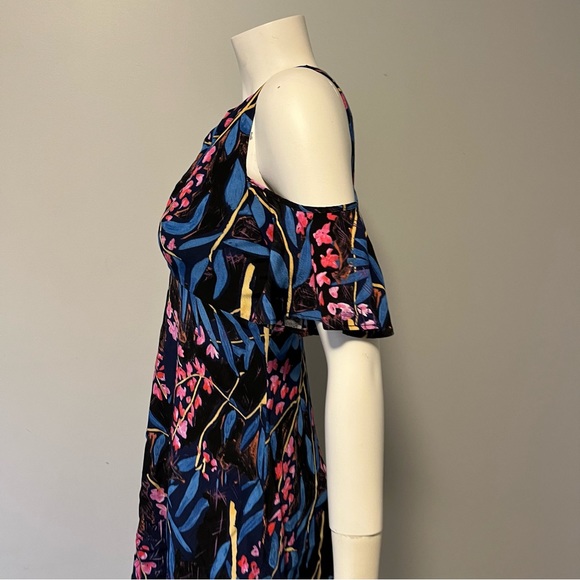 Anthropologie Maeve Elia Blue Floral Cold Shoulder Short Sleeve Midi Dress sz 0 - Picture 12 of 13